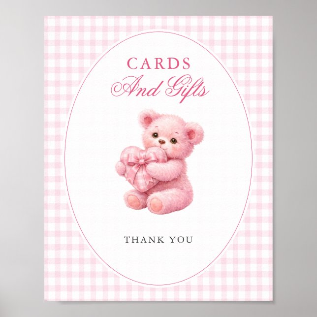 Pink Gingham Teddy Bear Neutral Baby Shower Poster (Framsidan)