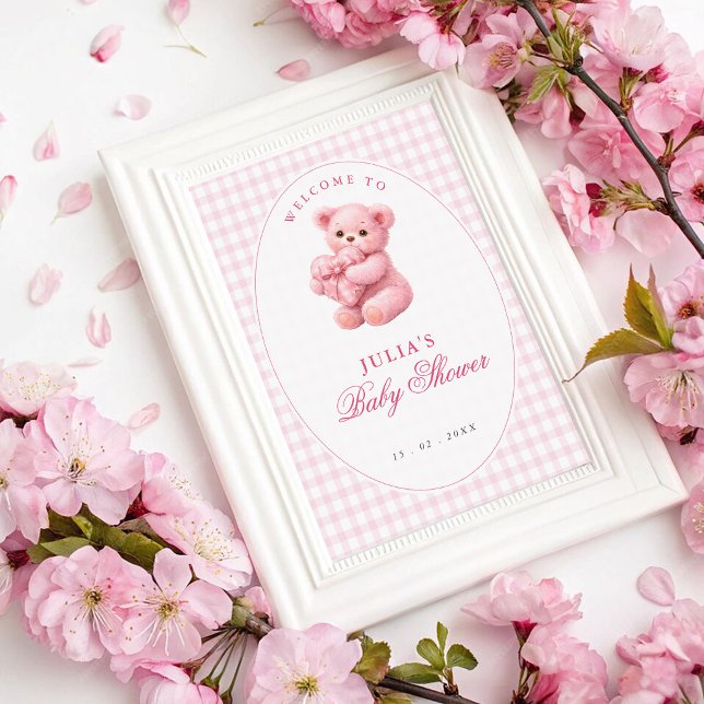 Pink Gingham Teddy Bear Neutral Baby Shower Poster (Skapare uppladdad)