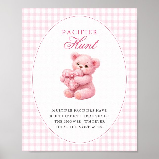 Pink Gingham Teddy Bear Neutral Baby Shower Poster (Framsidan)