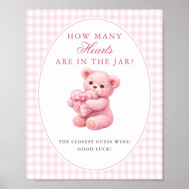 Pink Gingham Teddy Bear Neutral Baby Shower Poster (Framsidan)
