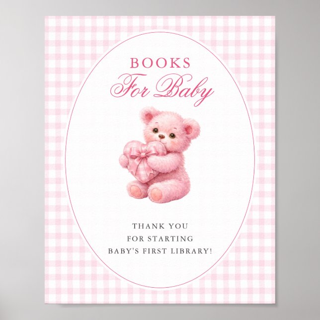 Pink Gingham Teddy Bear Neutral Baby Shower Poster (Framsidan)