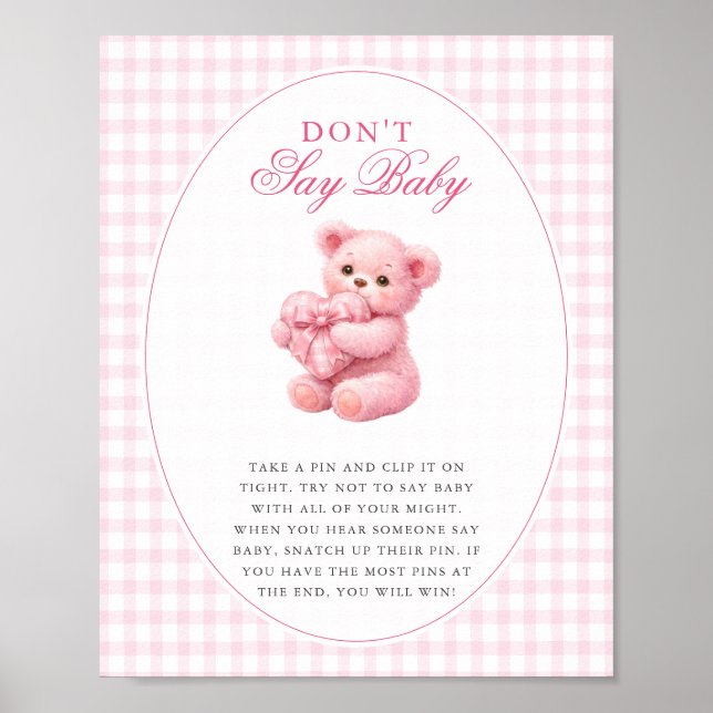 Pink Gingham Teddy Bear Neutral Baby Shower Poster (Framsidan)
