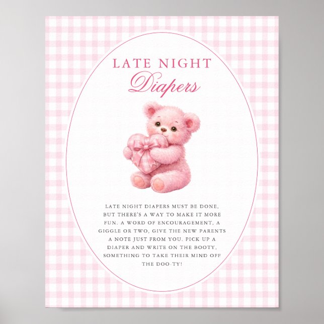 Pink Gingham Teddy Bear Neutral Baby Shower Poster (Framsidan)