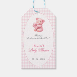 Pink Gingham Teddy Bear Neutral Baby Shower Presentetikett