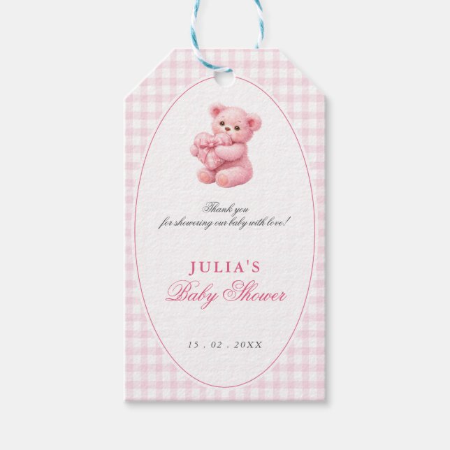 Pink Gingham Teddy Bear Neutral Baby Shower Presentetikett (Framsidan)