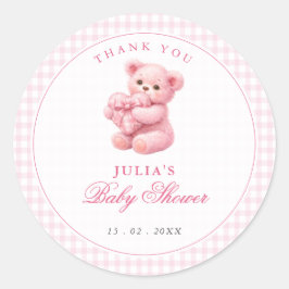 Pink Gingham Teddy Bear Neutral Baby Shower Runt Klistermärke