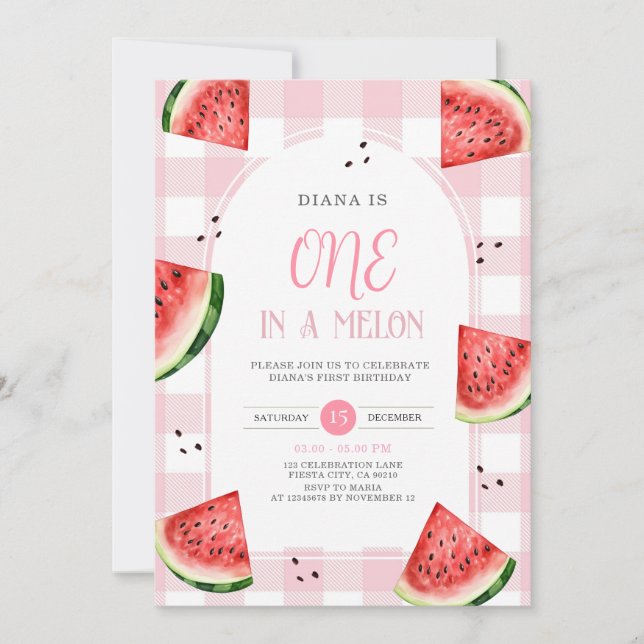 Pink Gingham Watermelon First Birthday Invitation Inbjudningar (Framsida)