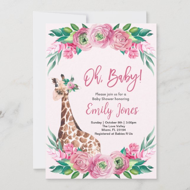 Pink Giraffe Floral Baby Shower Inbjudningar (Framsida)