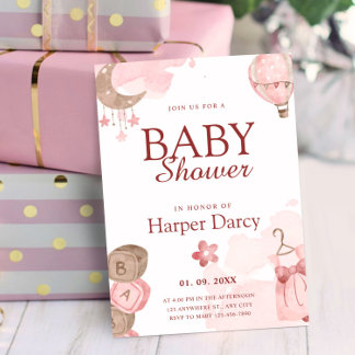 Pink Girl Baby Shower with Moon & Hot Air Balloon Inbjudningar
