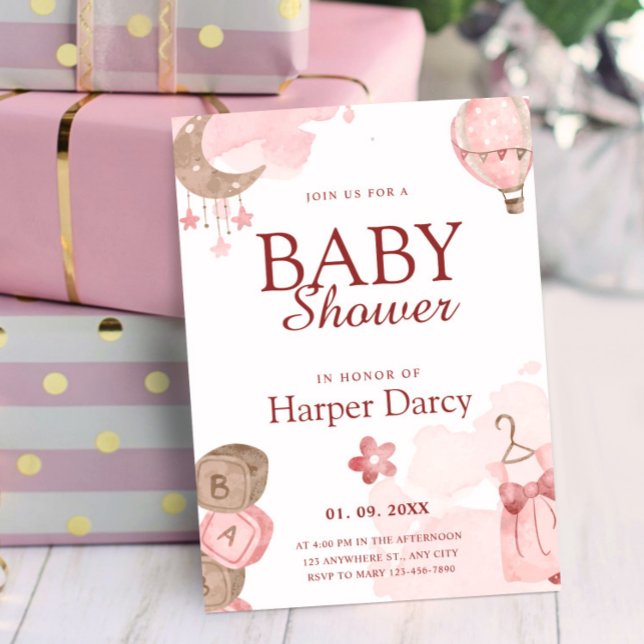 Pink Girl Baby Shower with Moon & Hot Air Balloon Inbjudningar (Pink Girl Baby Shower with Moon & Hot Air Balloon Invitation, Oh Baby Invitation)