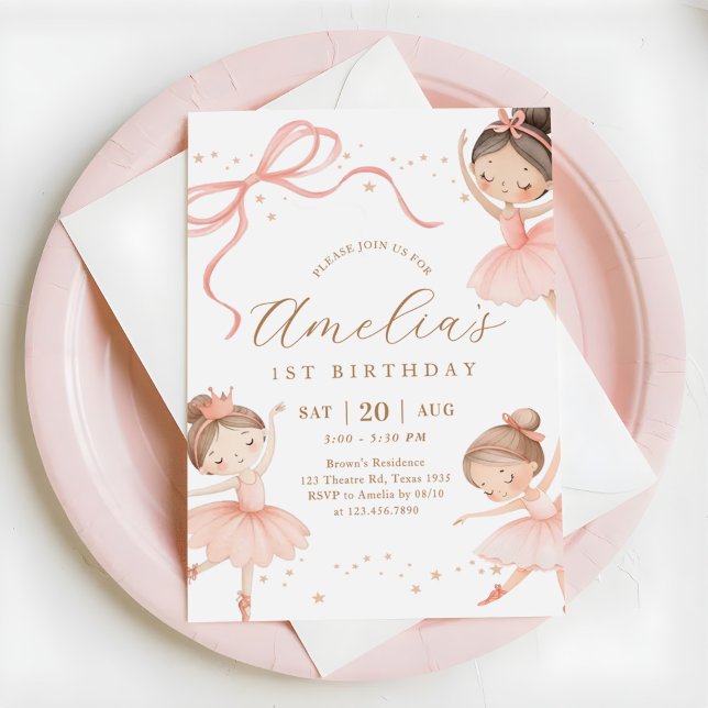 Pink Girl Ballerina 1st Birthday Party Inbjudningar (Skapare uppladdad)