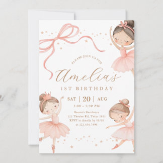 Pink Girl Ballerina 1st Birthday Party Inbjudningar