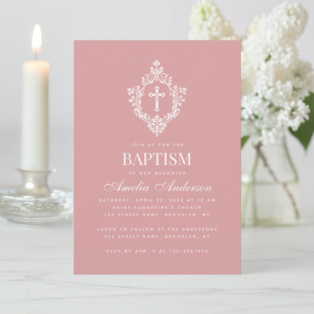 Pink Girl Baptism Cross & Crest Elegant Dusty Rose Inbjudningar (Skapare uppladdad)
