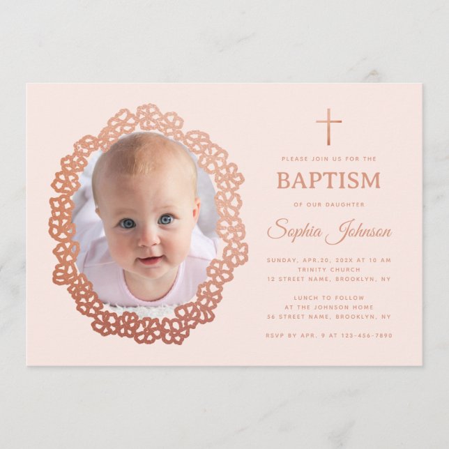 Pink Girl Baptism Photo in Rose Gold Floral Wreath Inbjudningar (Framsida)