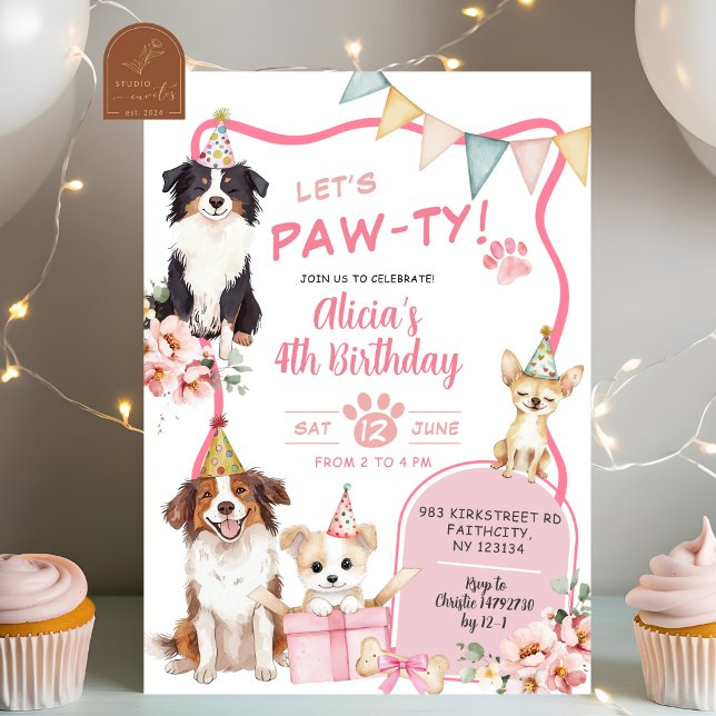 Pink Girl Dog let's Pawty Birthday Invitation Inbjudningar (Skapare uppladdad)