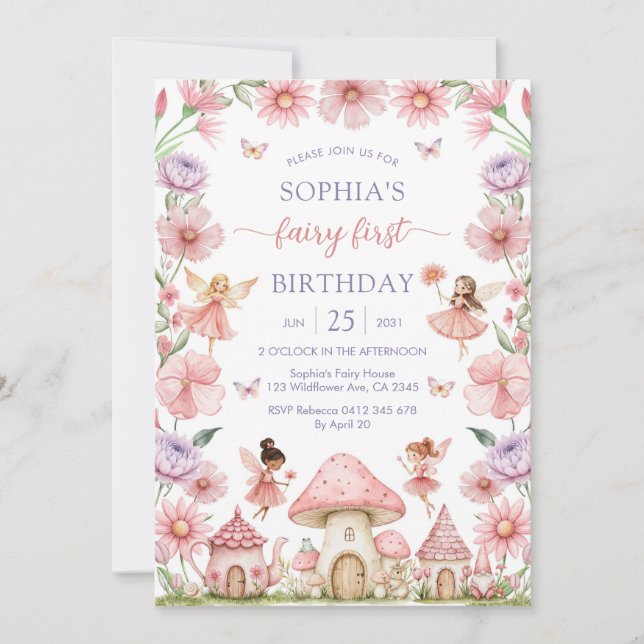 Pink Girl Floral Fairy First 1st Birthday Inbjudningar (Framsida)