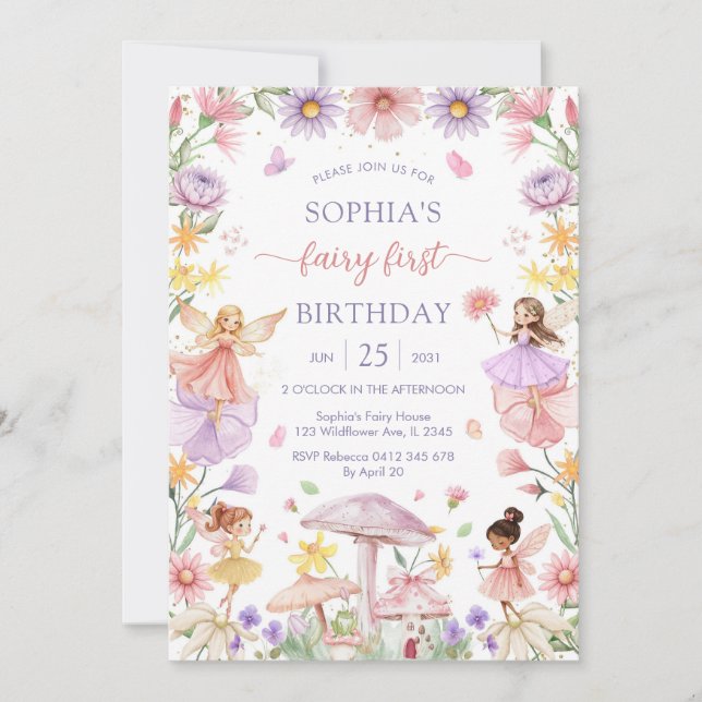Pink Girl Floral Fairy First 1st Birthday Inbjudningar (Framsida)