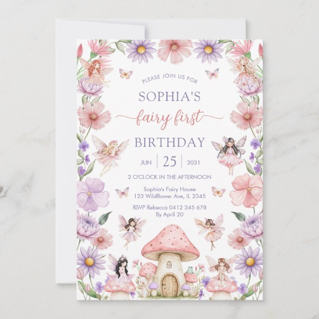 Pink Girl Floral Fairy First 1st Birthday Inbjudningar (Framsida)