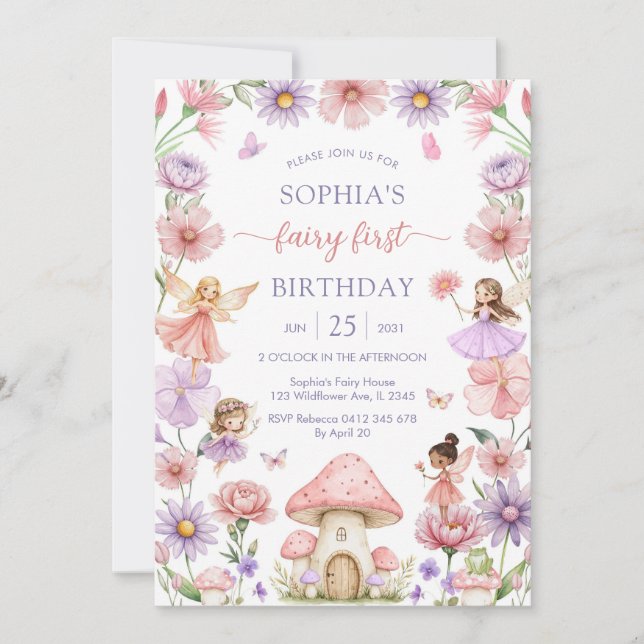 Pink Girl Floral Fairy First 1st Birthday Inbjudningar (Framsida)