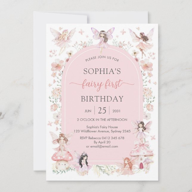 Pink Girl Floral Fairy First 1st Birthday Inbjudningar (Framsida)