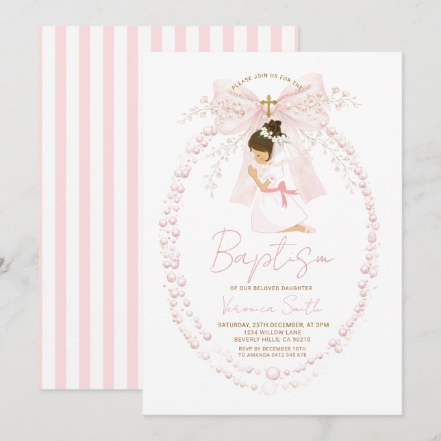 Pink Girl Pearls Bow Baptism Invitation Inbjudningar (Fram/baksida)
