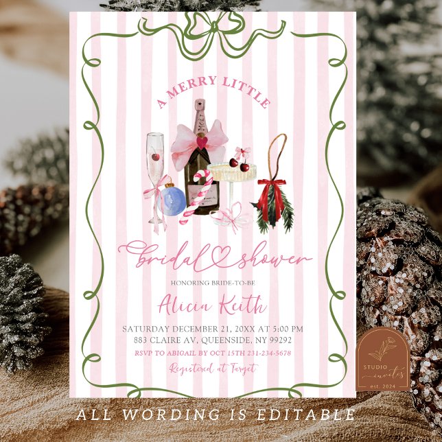 Pink Girl Quirky Stripes Christmas Bridal Shower Inbjudningar (Skapare uppladdad)