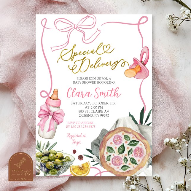 Pink Girl Special Delivery Italian Baby Shower Inbjudningar (Skapare uppladdad)