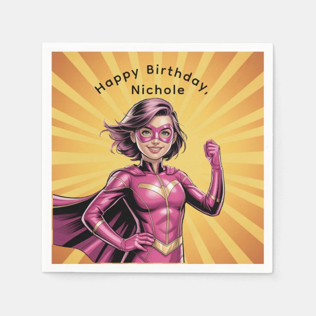 Pink Girl Superhero Birthday Party Pappersservett (Framsidan)