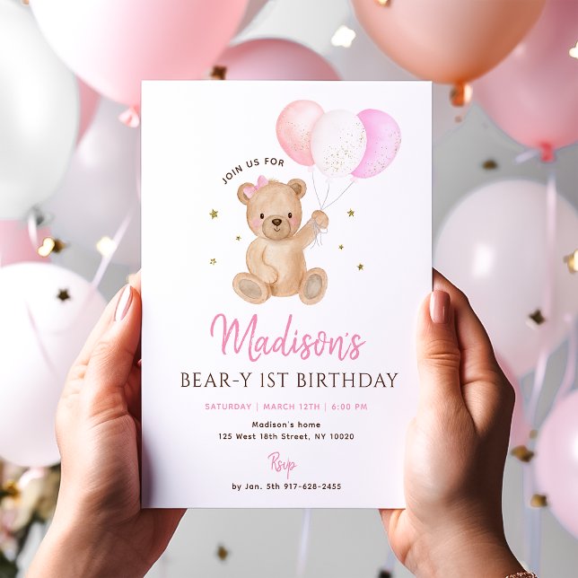 Pink Girl Teddy Bear Balloon First Birthday Inbjudningar (Skapare uppladdad)