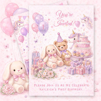 Pink Girl's First Birthday Party | Inbjudningar