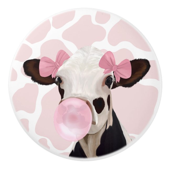 Pink Girly Bubblegum Blowing Cow Knopp (Framsidan)