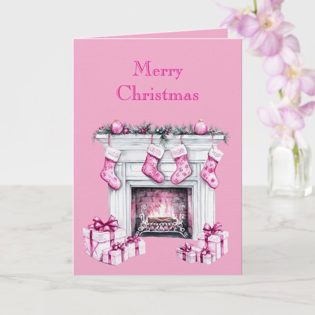 Pink Glam Christmas Stocking Fireplace Kort (Orkide)