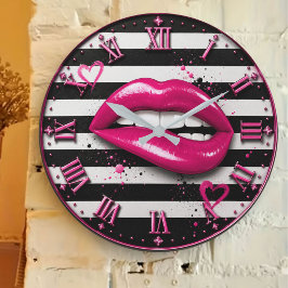 Pink Glam Lips Stripes Chic Fashion Stor Klocka
