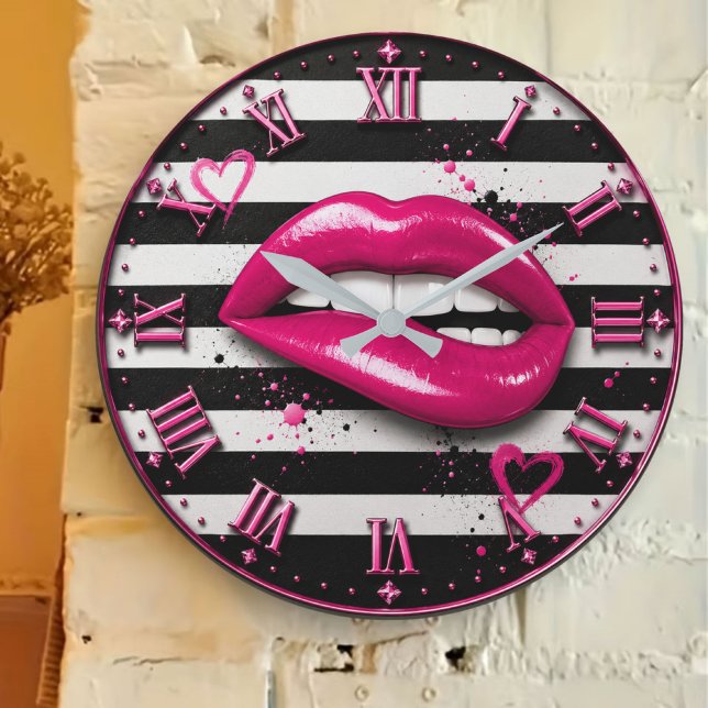 Pink Glam Lips Stripes Chic Fashion Stor Klocka (Skapare uppladdad)