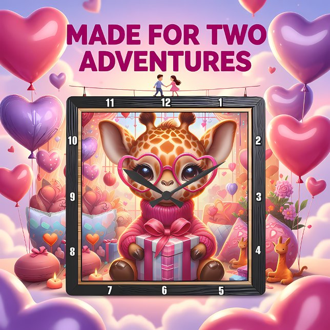 Pink Glasses Giraffe Valentine Fyrkantig Klocka (Skapare uppladdad)