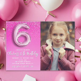 Pink Glitter 6th Birthday for Girl with Photo Inbjudningar