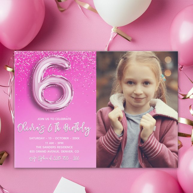 Pink Glitter 6th Birthday for Girl with Photo Inbjudningar (Skapare uppladdad)