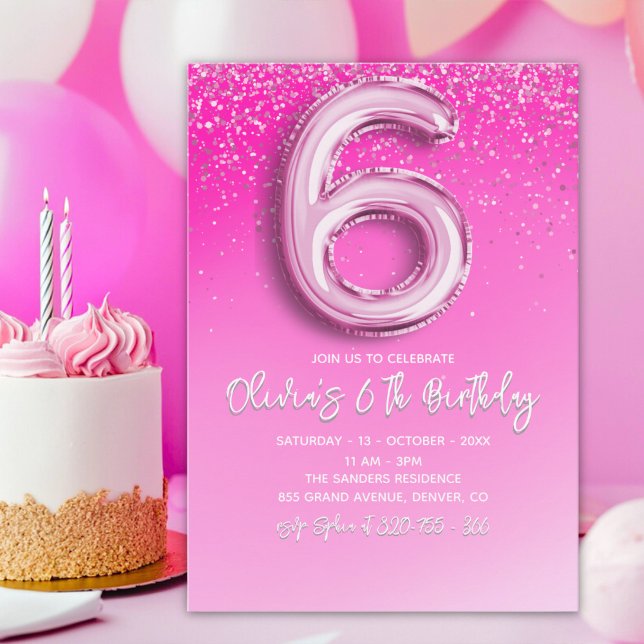 Pink Glitter Ballon Numer - 6th Birthday for Girls Inbjudningar (Skapare uppladdad)