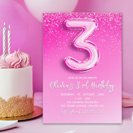 Pink Glitter Balloon 3rd Birthday for Girls Inbjudningar