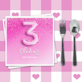 Pink Glitter Balloon 3rd Birthday Party for Girls Pappersservett