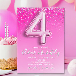 Pink Glitter Balloon 4th Birthday for Girls Inbjudningar