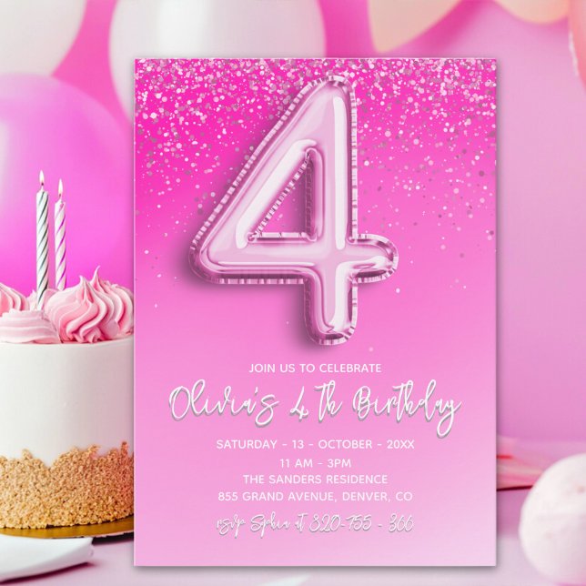 Pink Glitter Balloon 4th Birthday for Girls Inbjudningar (Skapare uppladdad)