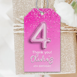 Pink Glitter Balloon 4th Birthday for Girls Presentetikett