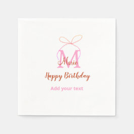 Pink glitter bow add name letter monogram birthday pappersservett