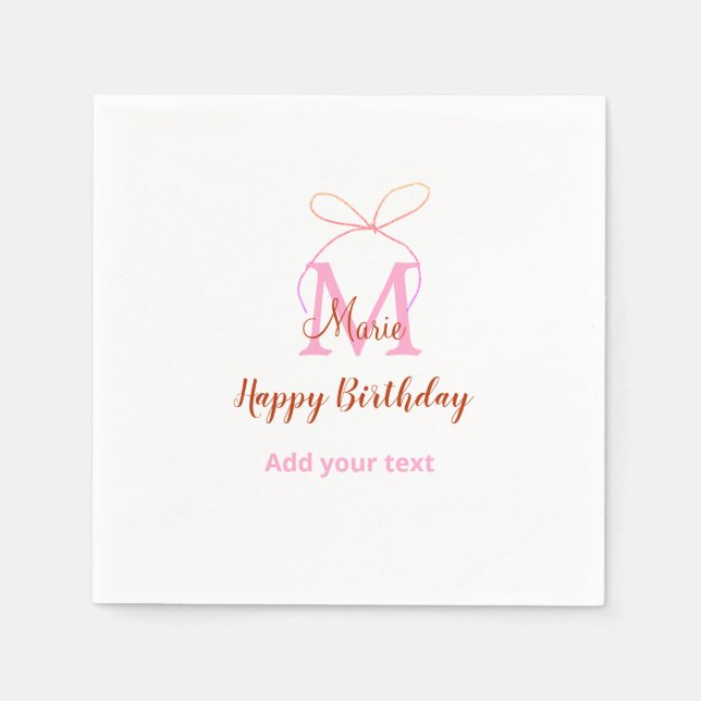 Pink glitter bow add name letter monogram birthday pappersservett (Framsidan)