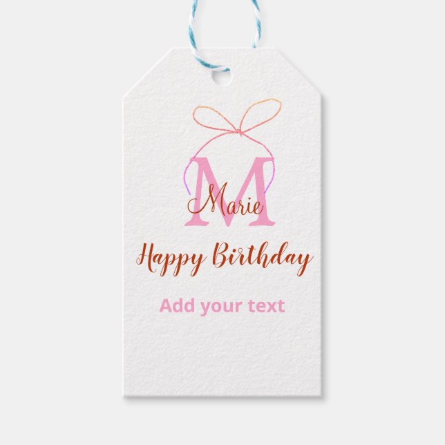 Pink glitter bow add name letter monogram birthday presentetikett (Framsidan)