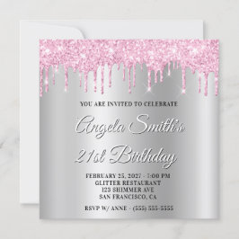 Pink Glitter Drips Silver Ombre Drop Shadow Inbjudningar