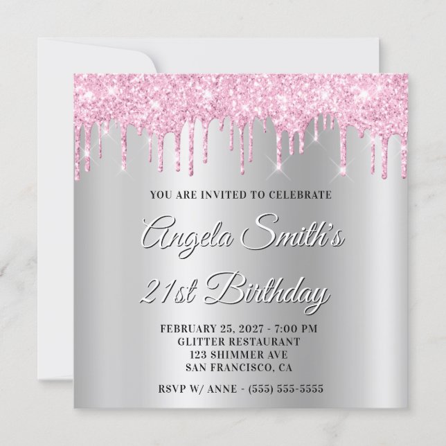 Pink Glitter Drips Silver Ombre Drop Shadow Inbjudningar (Framsida)