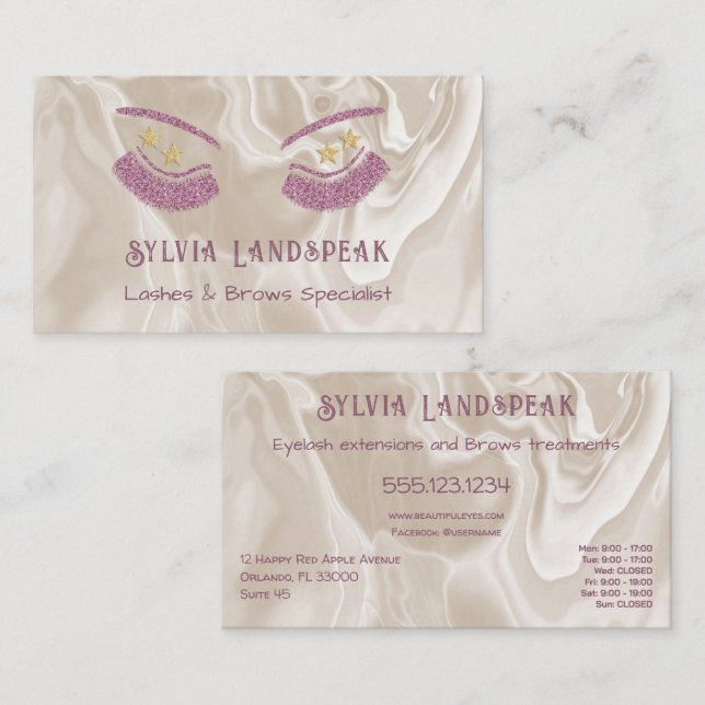 Pink Glitter Eyelashes & Beige Cream Marble Visitkort (Fram/baksida)