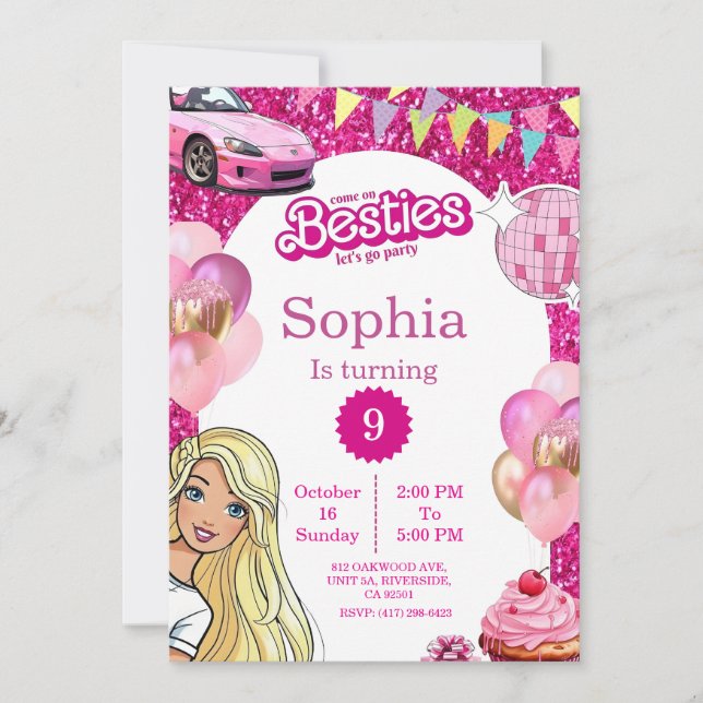 Pink Glitter Fashion Doll Birthday Invite Inbjudningar (Framsida)